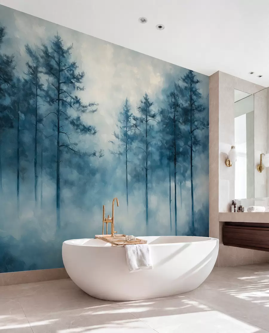 Fototapete Mystischer Wald, Kiefern, Nebel, Acrylfarbe, tiefblaue Farben w02149