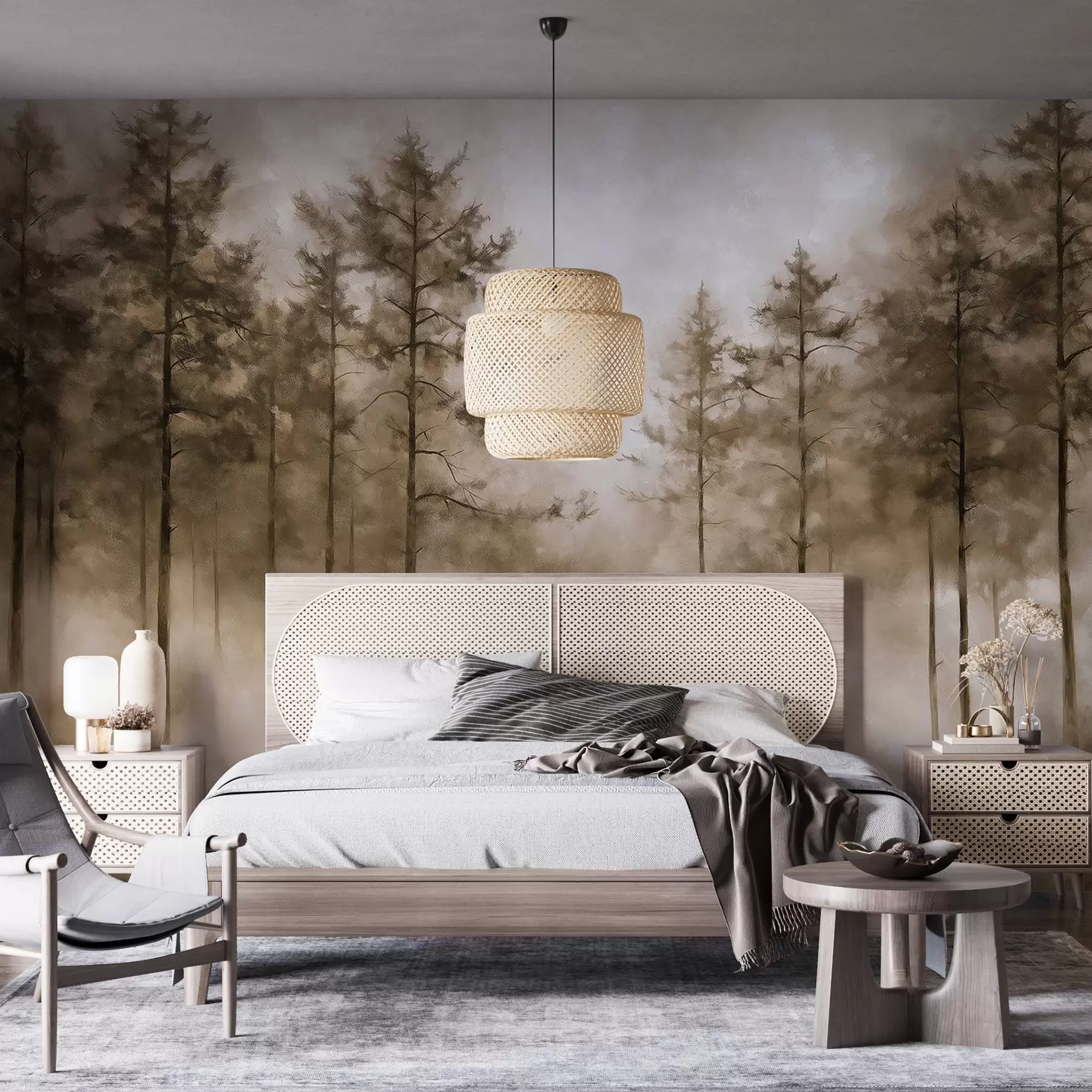 Fototapete Mystischer Wald, Kiefern, Nebel, Acrylfarbe, beige Farben w02149v1