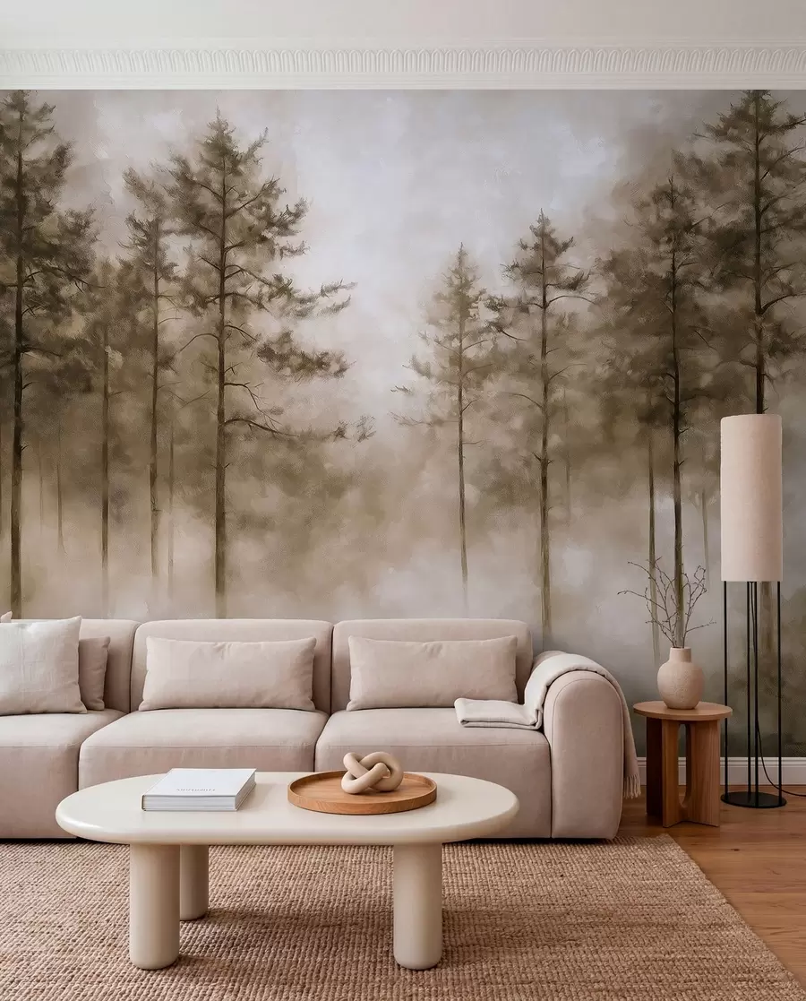 Fototapete Mystischer Wald, Kiefern, Nebel, Acrylfarbe, beige Farben w02149v1