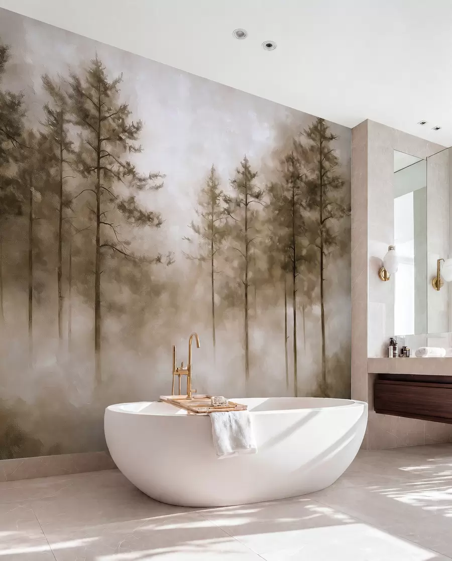 Fototapete Mystischer Wald, Kiefern, Nebel, Acrylfarbe, beige Farben w02149v1