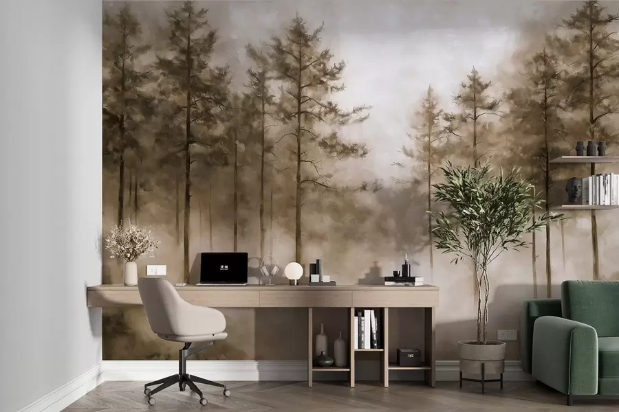 Fototapete Mystischer Wald, Kiefern, Nebel, Acrylfarbe, beige Farben w02149v1