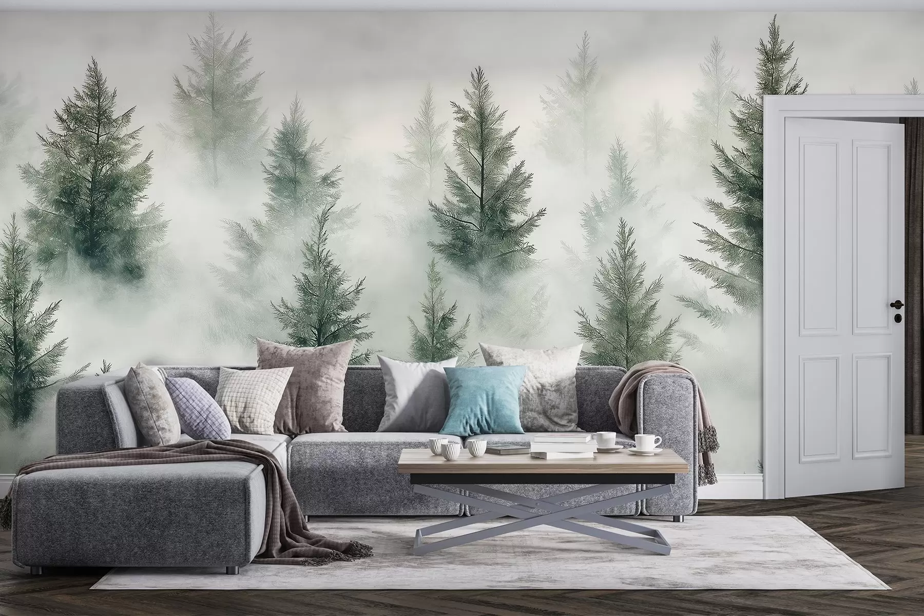 Fototapete Schöner Wald mit Kiefern, Nebel, Naturlandschaften, grüne Farben w02222