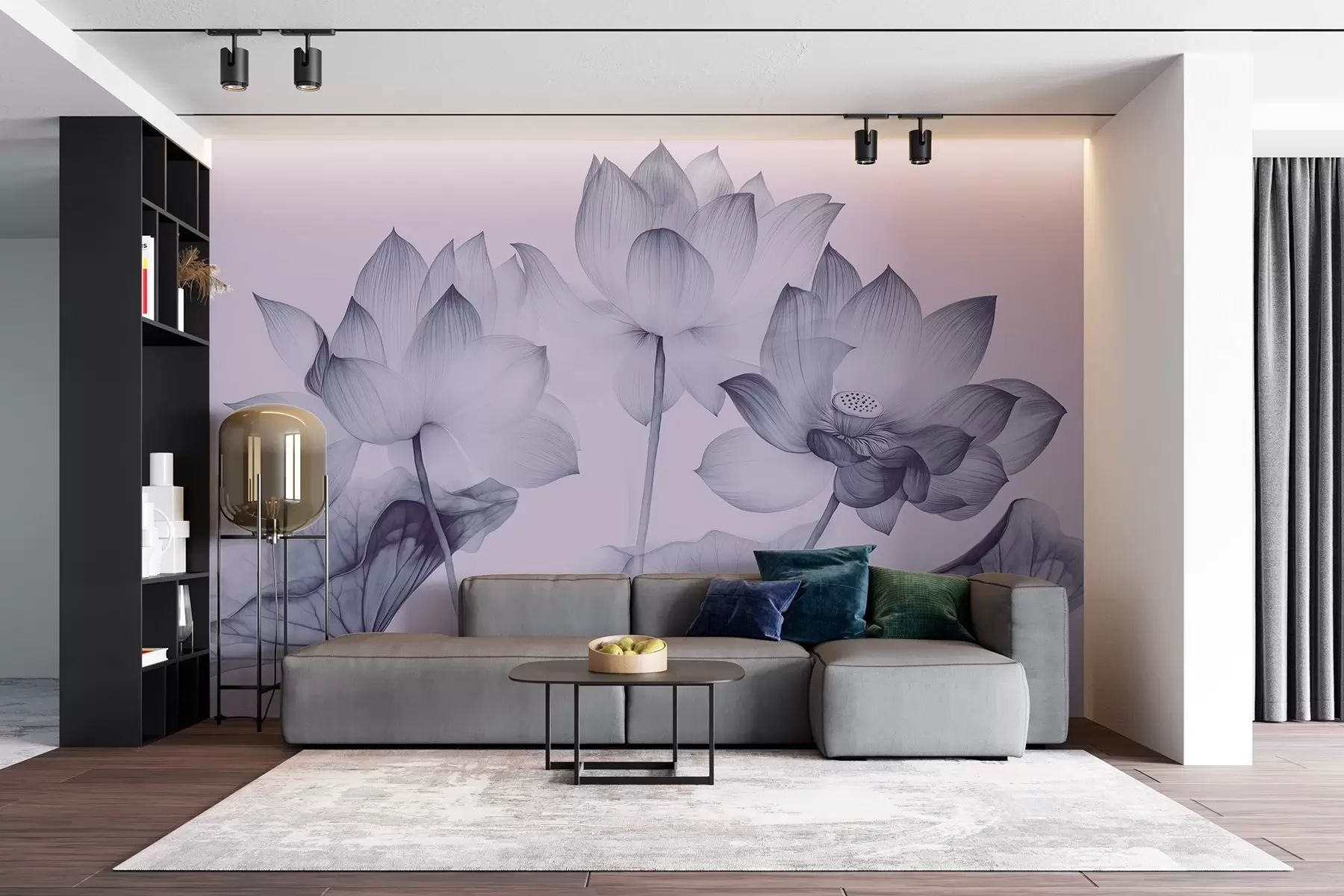 Fototapete Drei Lotosblumen mit Blättern im Stil der chinesischen Malerei in blauer Farbe w02146v2