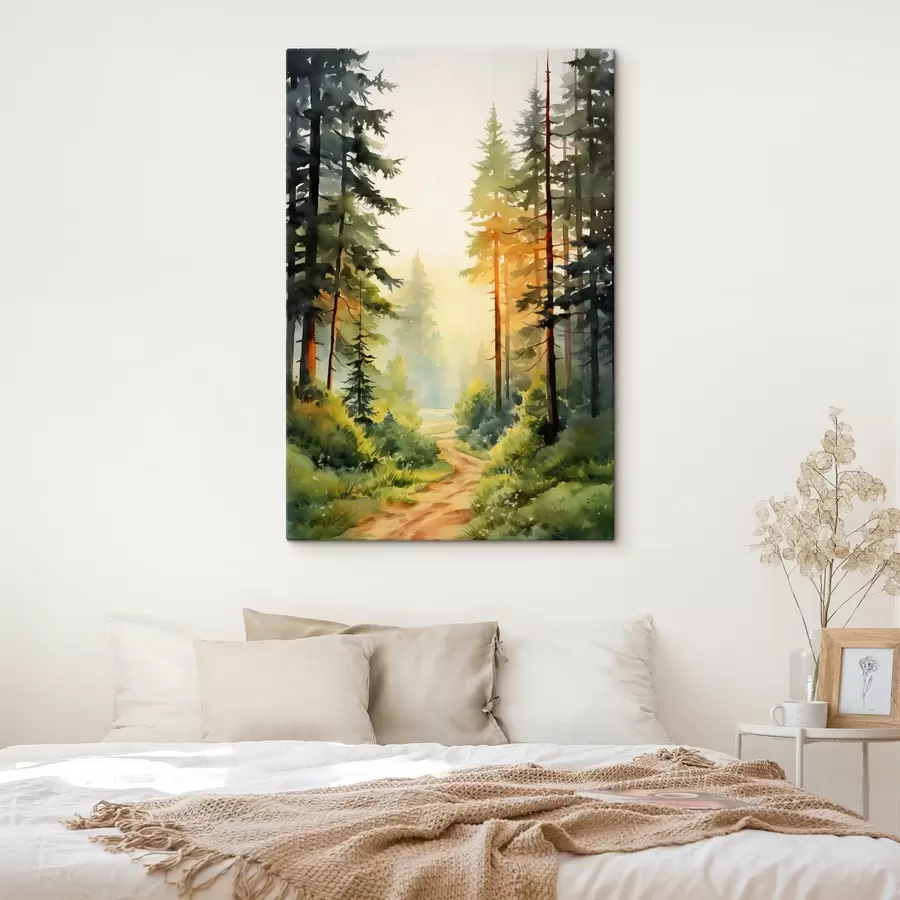 Wandbilder Schöne Aquarell Wald mit Kiefern und sanften Sonnenlicht s41637