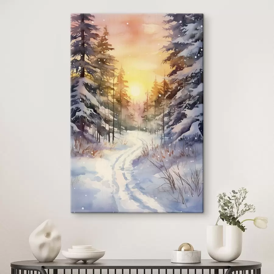 Wandbilder Aquarell Winterwald, Schneeflocken, schöner Himmel, Sonnenuntergang s41640