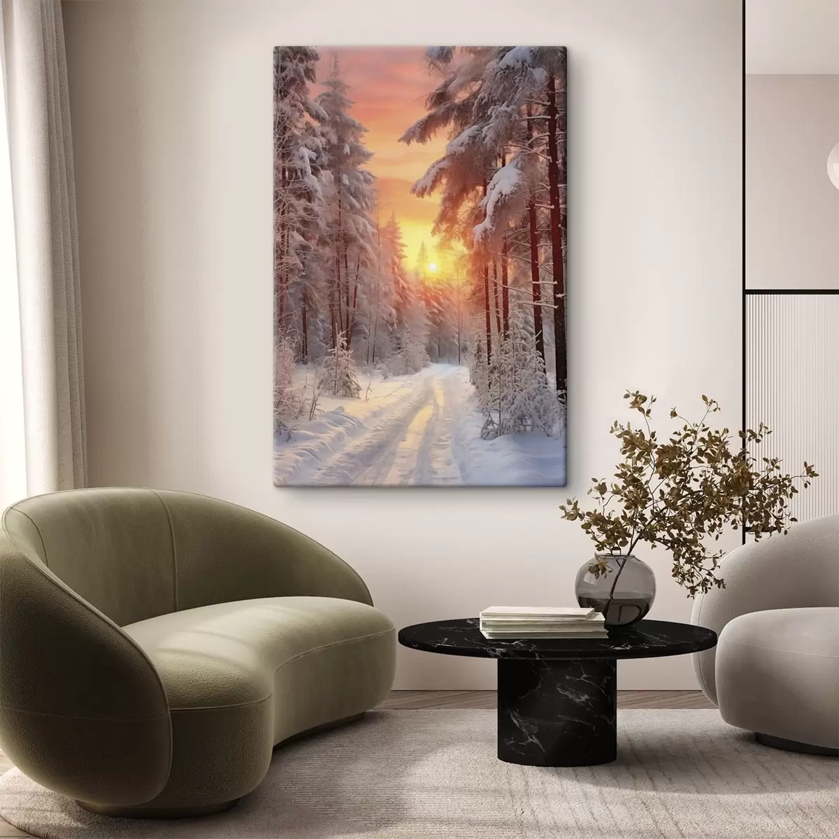 Wandbilder Ein Weg in den Winterwald, Schnee, Kiefern, Sonnenuntergang Farben s41639