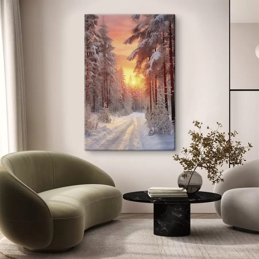 Wandbilder Ein Weg in den Winterwald, Schnee, Kiefern, Sonnenuntergang Farben s41639