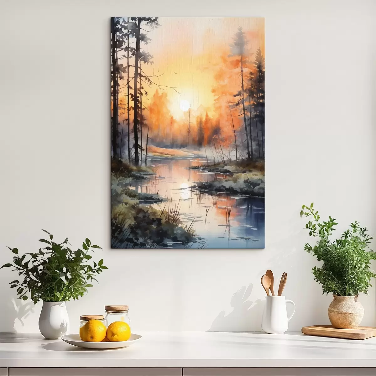 Wandbilder See im Wald, Aquarell, Herbstfarben, Nebel, Sonnenuntergang Himmel s41642