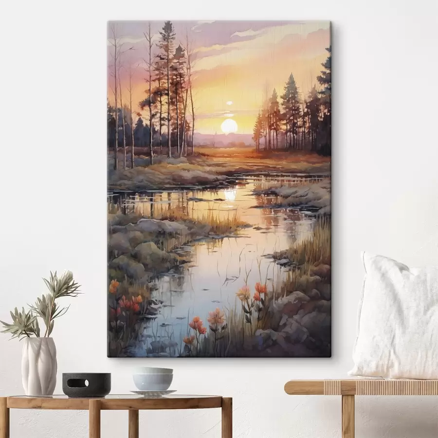 Wandbilder Schöne Fluss im Herbst Wald, Aquarell, Wiese, Sonnenuntergang Himmel s41643