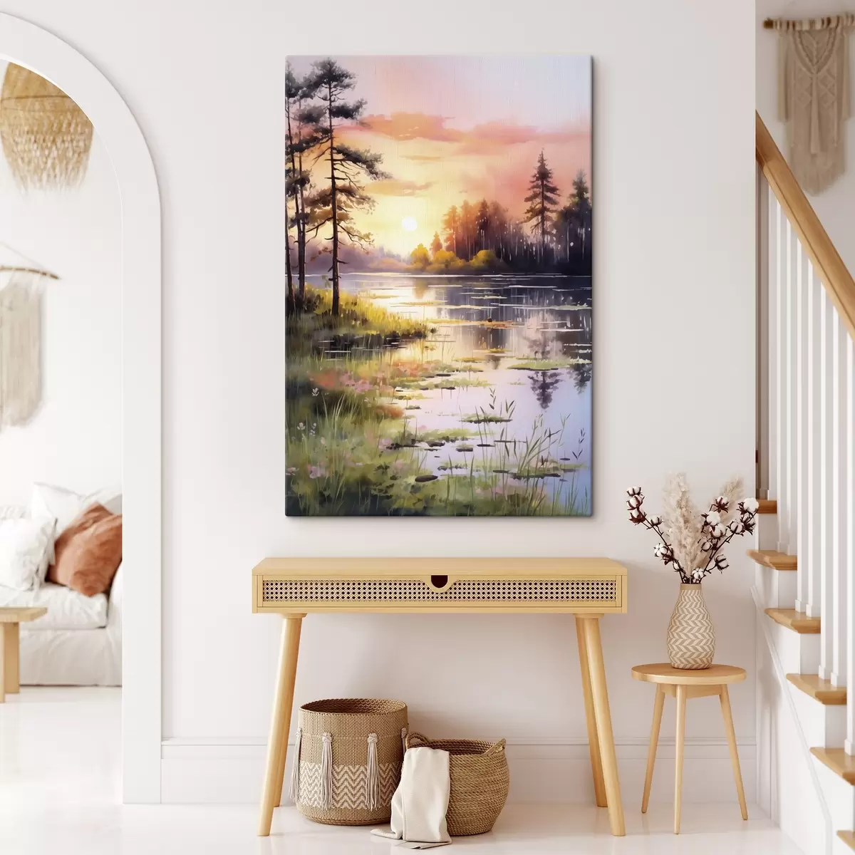 Wandbilder Sonnenaufgang auf dem Waldsee, Aquarell, Bäume, Blumen, sanftes Licht s41644