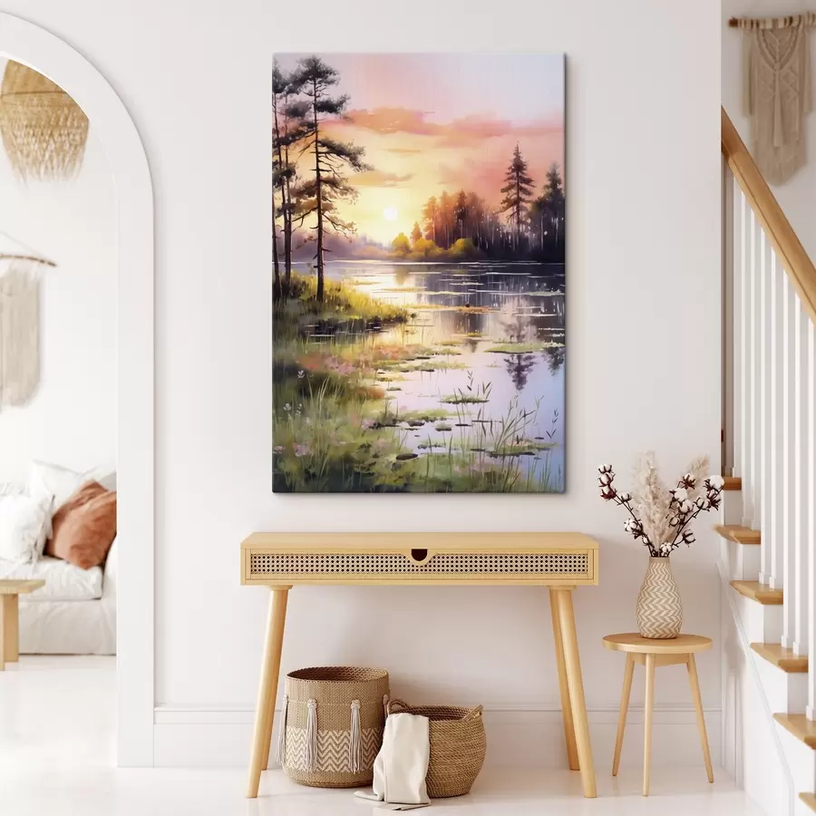 Wandbilder Sonnenaufgang auf dem Waldsee, Aquarell, Bäume, Blumen, sanftes Licht s41644