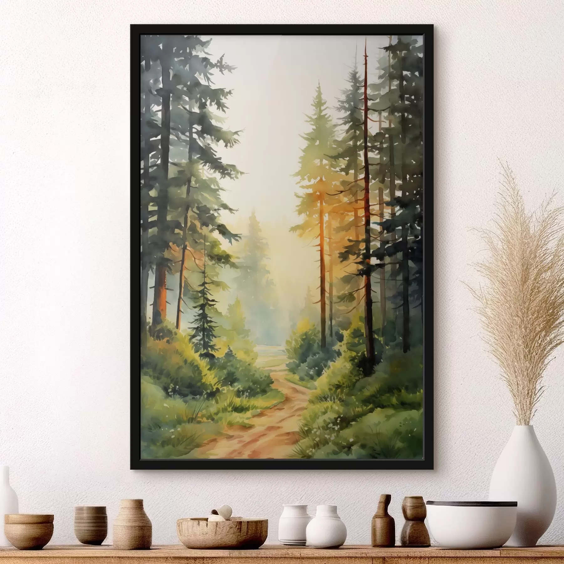 Fototapete Schöne Aquarell Wald mit Kiefern und sanften Sonnenlicht f41637