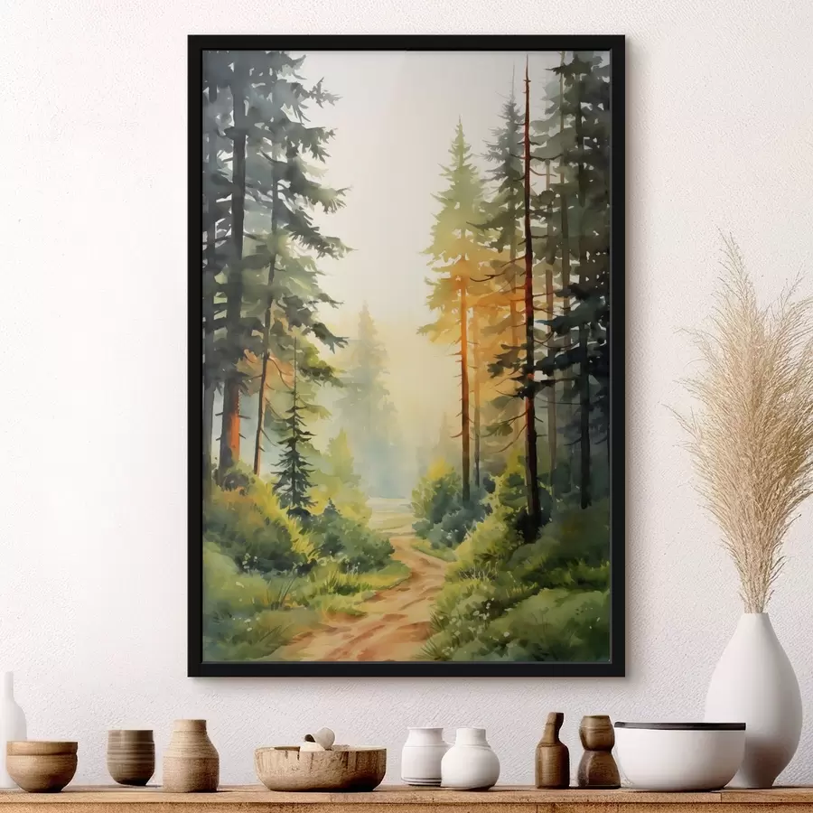 Fototapete Schöne Aquarell Wald mit Kiefern und sanften Sonnenlicht f41637