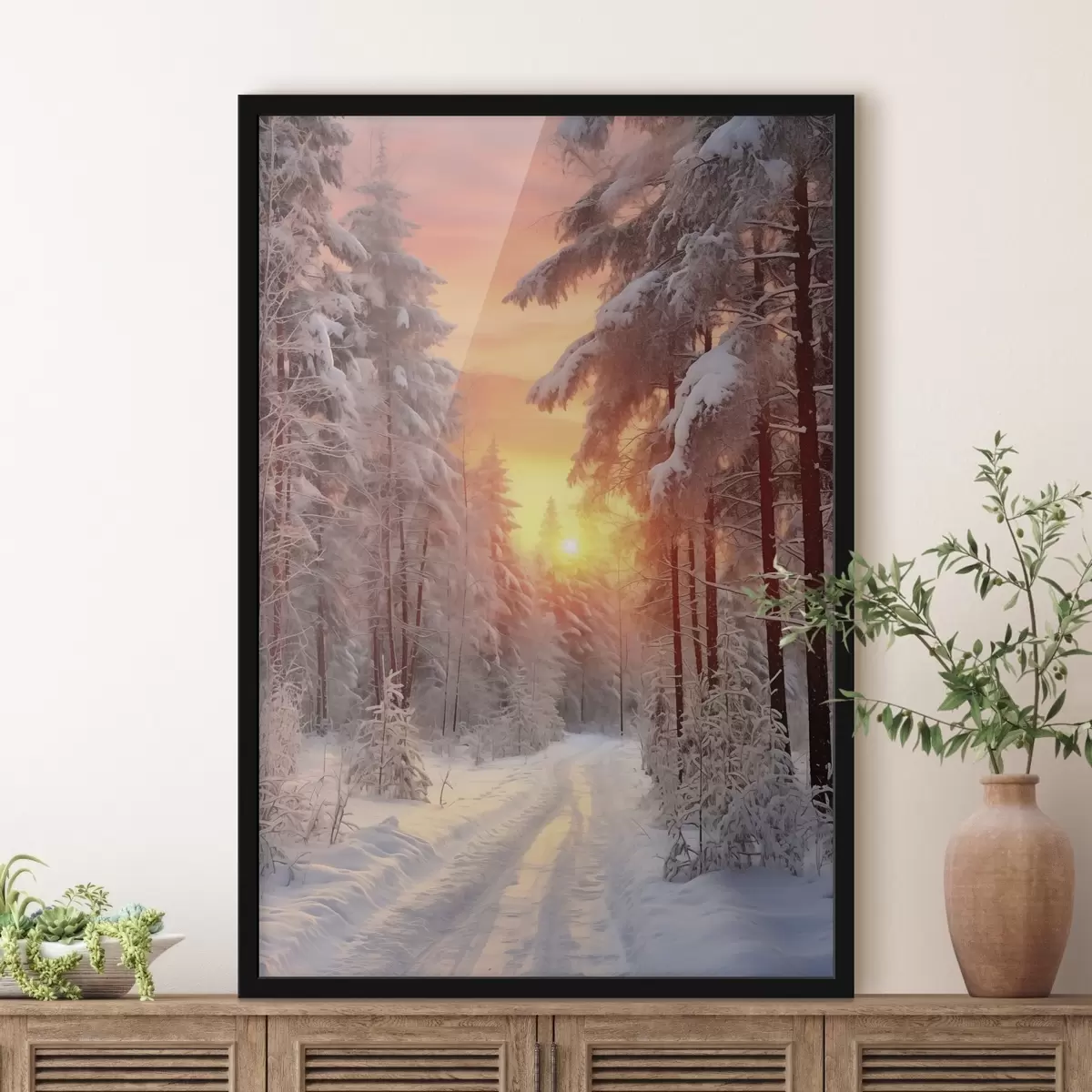 Poster Ein Weg in den Winterwald, Schnee, Kiefern, Sonnenuntergang Farben f41639