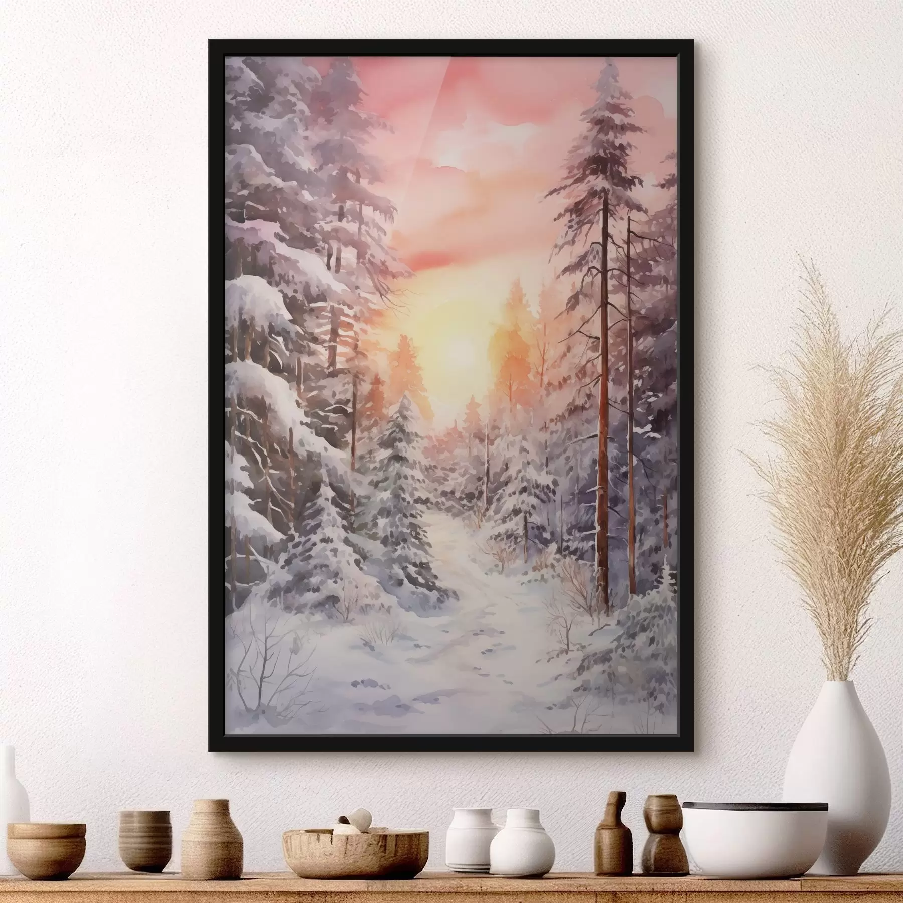 Wandbilder Schöne Winter, Aquarell Wald, verschneit, Bäume, rosa Himmel, Sonnenuntergang f41641