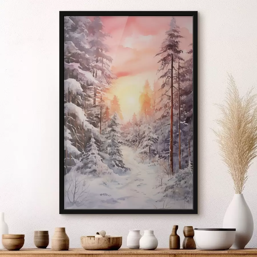 Wandbilder Schöne Winter, Aquarell Wald, verschneit, Bäume, rosa Himmel, Sonnenuntergang f41641