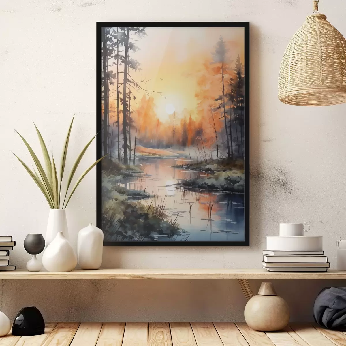 Poster See im Wald, Aquarell, Herbstfarben, Nebel, Sonnenuntergang Himmel f41642