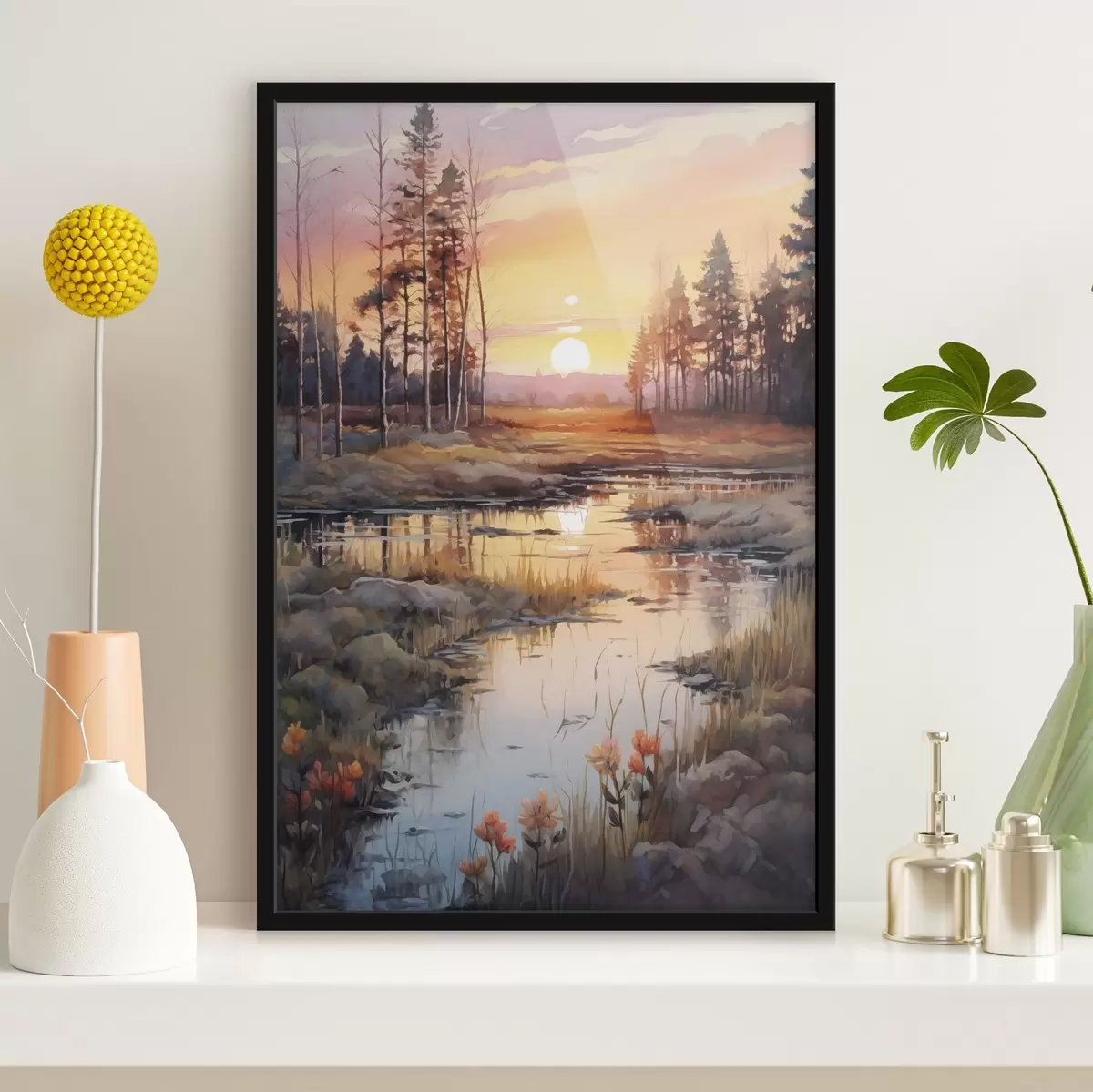 Poster Schöne Fluss im Herbst Wald, Aquarell, Wiese, Sonnenuntergang Himmel f41643