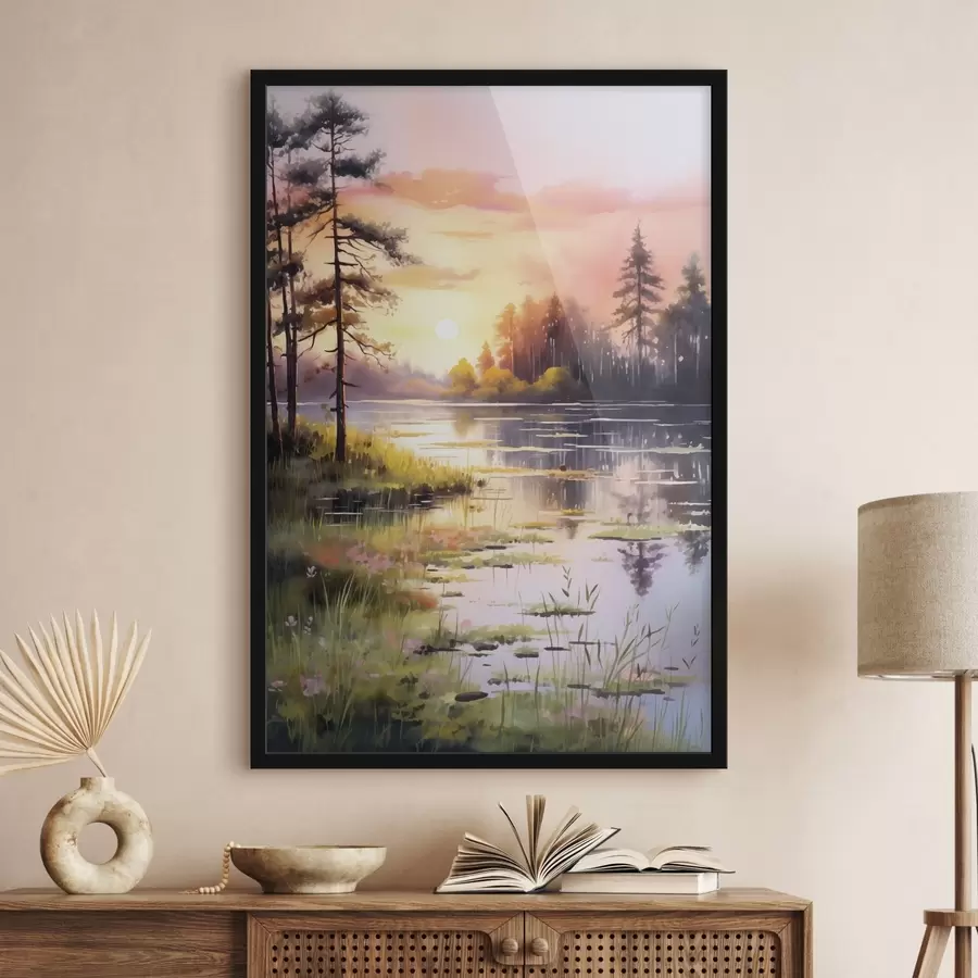Fototapete Sonnenaufgang auf dem Waldsee, Aquarell, Bäume, Blumen, sanftes Licht f41644