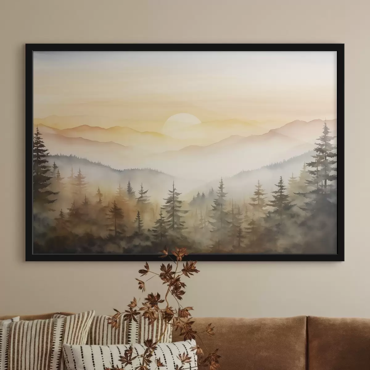 Poster Herbst Berge Landschaft, Kiefernwald, Sonnenuntergang, Aquarell f41645