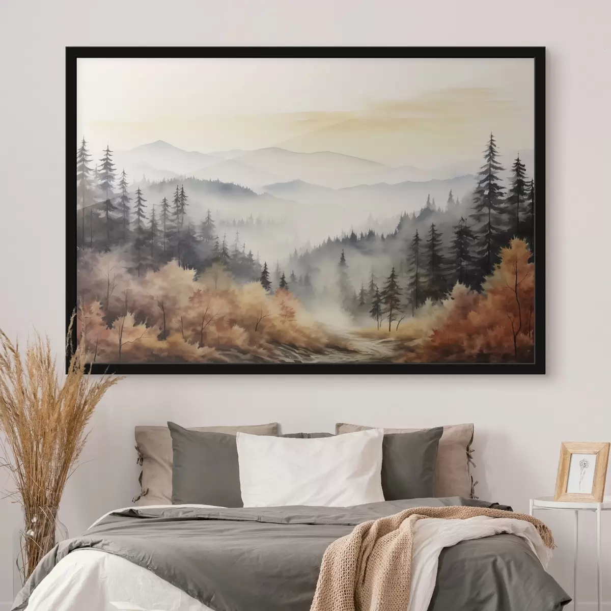 Poster Schöne neblige Berge, Herbst Wald, Aquarell f41646