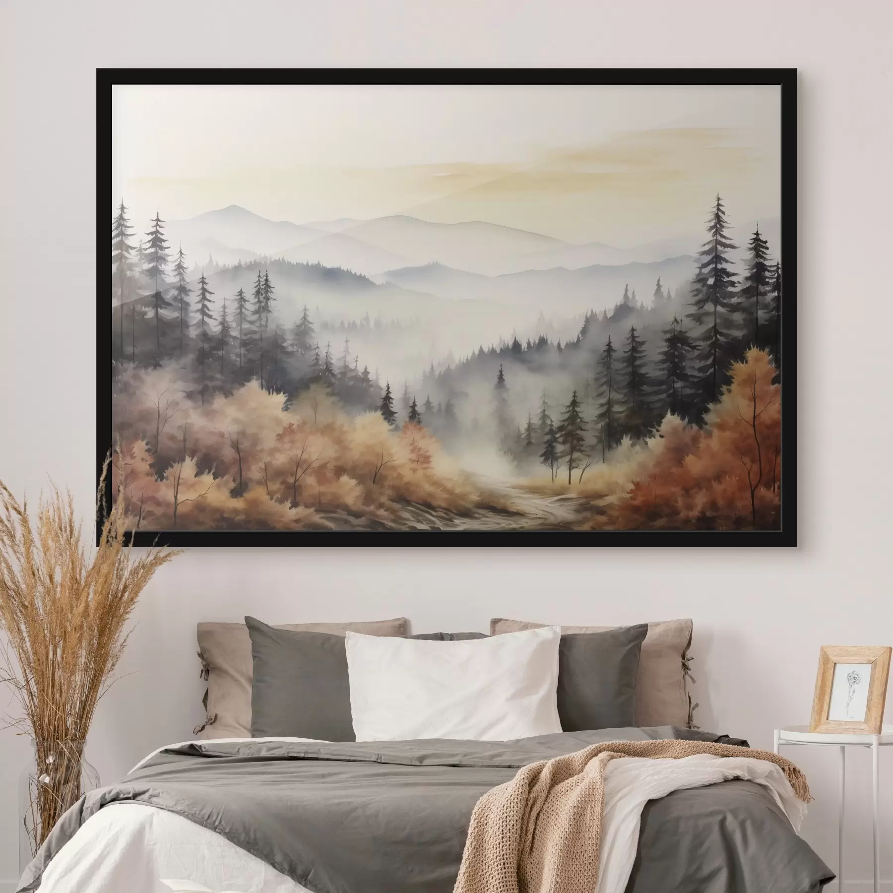 Fototapete Schöne neblige Berge, Herbst Wald, Aquarell f41646