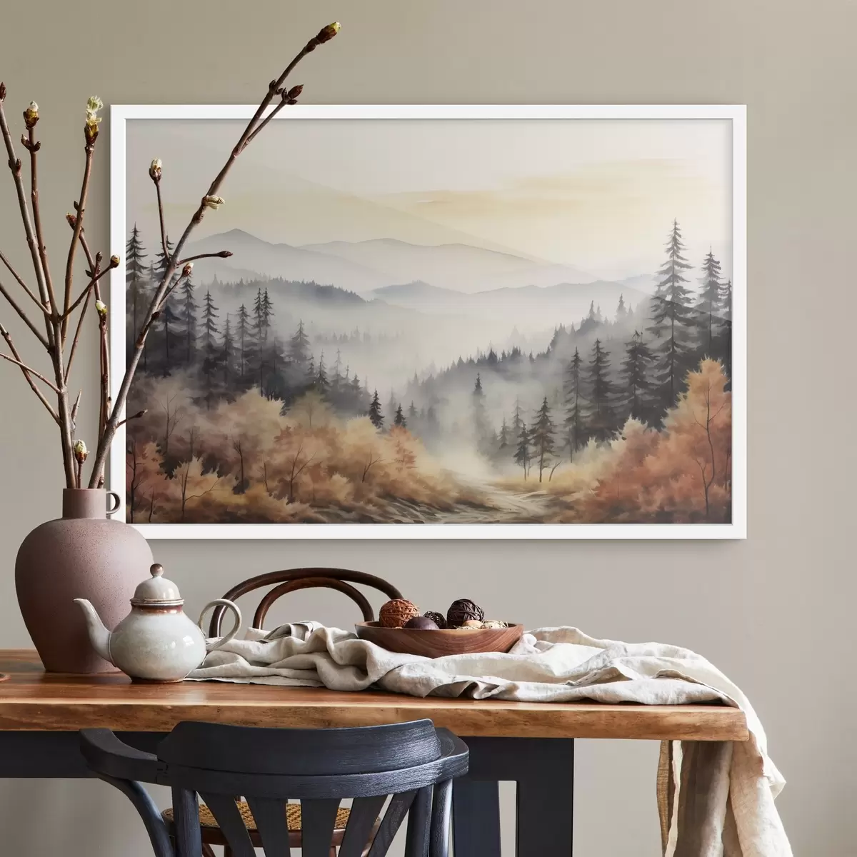 Poster Schöne neblige Berge, Herbst Wald, Aquarell f41646