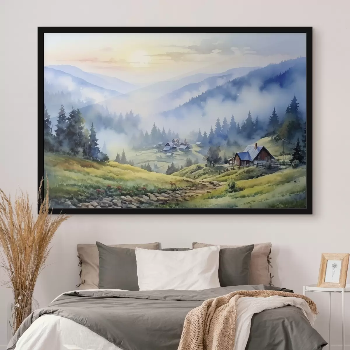 Poster Karpatendorf in den nebligen Bergen, Wald, Aquarell f41648