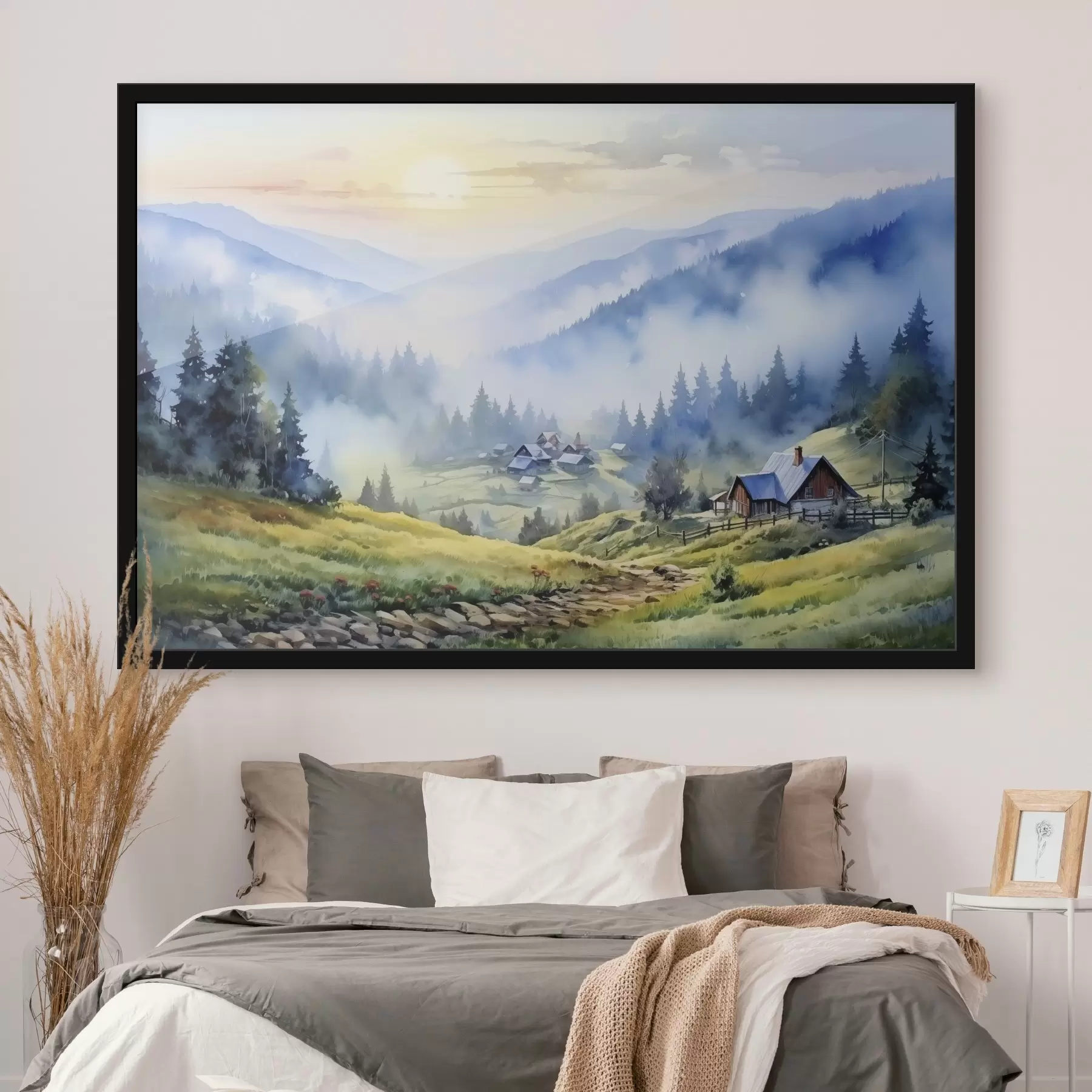 Fototapete Karpatendorf in den nebligen Bergen, Wald, Aquarell f41648