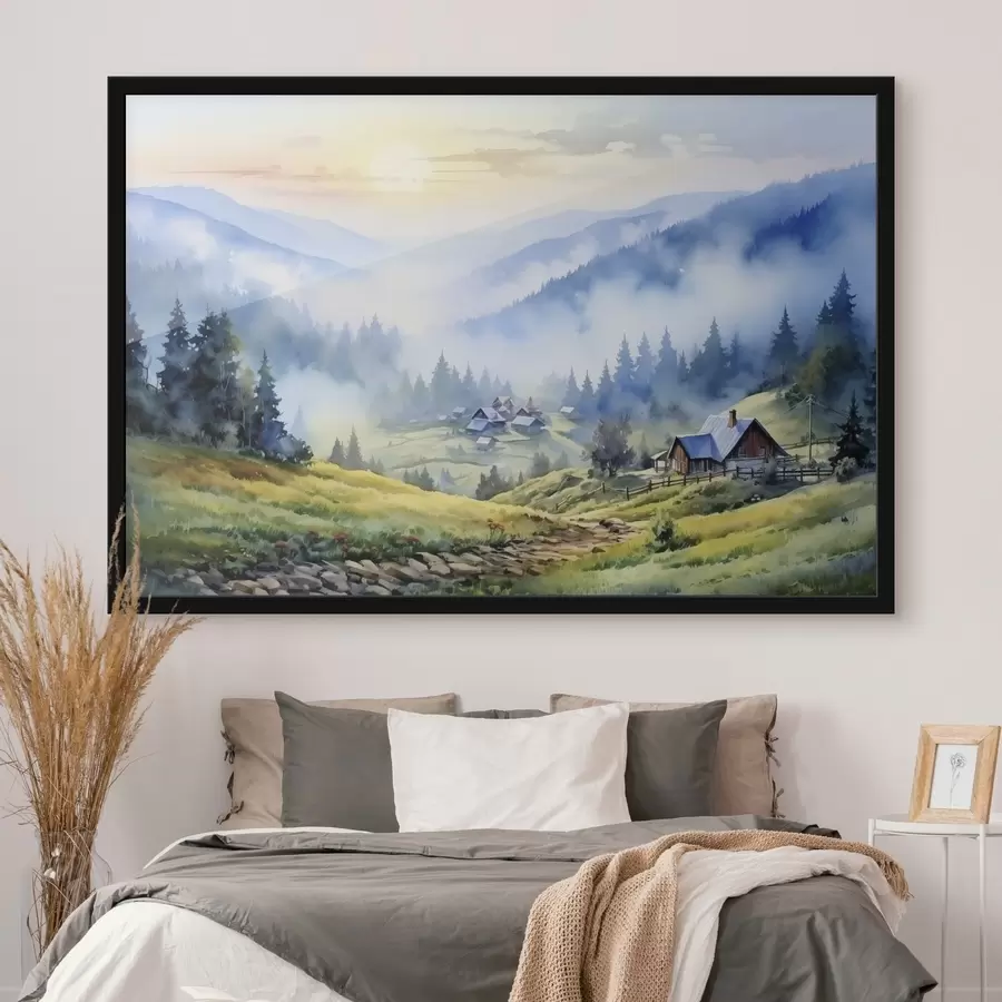 Fototapete Karpatendorf in den nebligen Bergen, Wald, Aquarell f41648