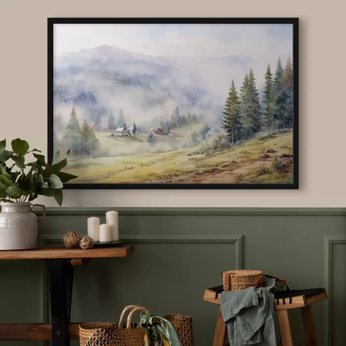 Poster Schöne Berge, neblige Waldlandschaften, Aquarell, Dorf f41649