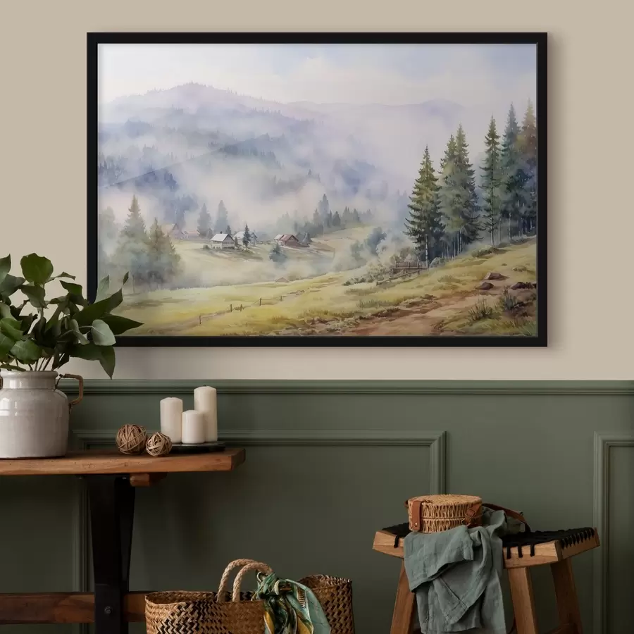 Fototapete Schöne Berge, neblige Waldlandschaften, Aquarell, Dorf f41649