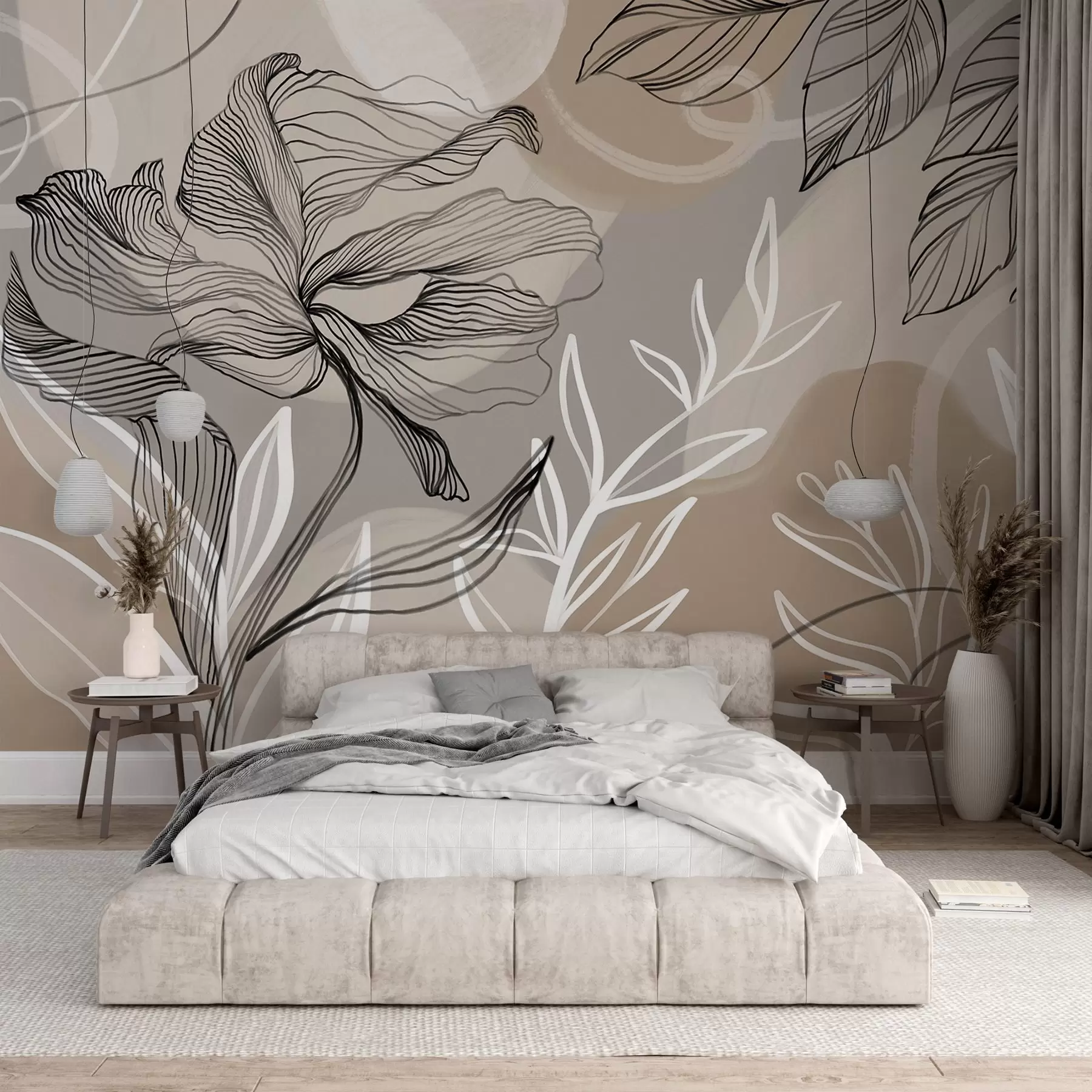 Fototapete Eleganter Blumendruck mit großen abstrakten Linienblüten und Blättern in Grau- und Beigetönen auf hellem Hintergrund w08413