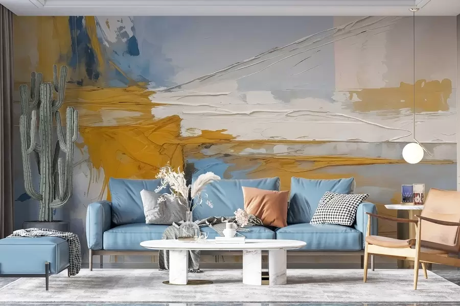 Fototapete Minimalistische abstrakte Kunstkomposition mit kräftigen Pinselstrichen in gelber, blauer und weißer Farbe w08414