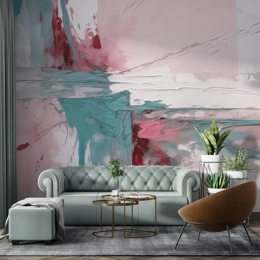 Fototapete Minimalistische abstrakte Kunst Komposition mit fetten Pinselstrichen von rosa, blau und weißer Farbe w08414v1