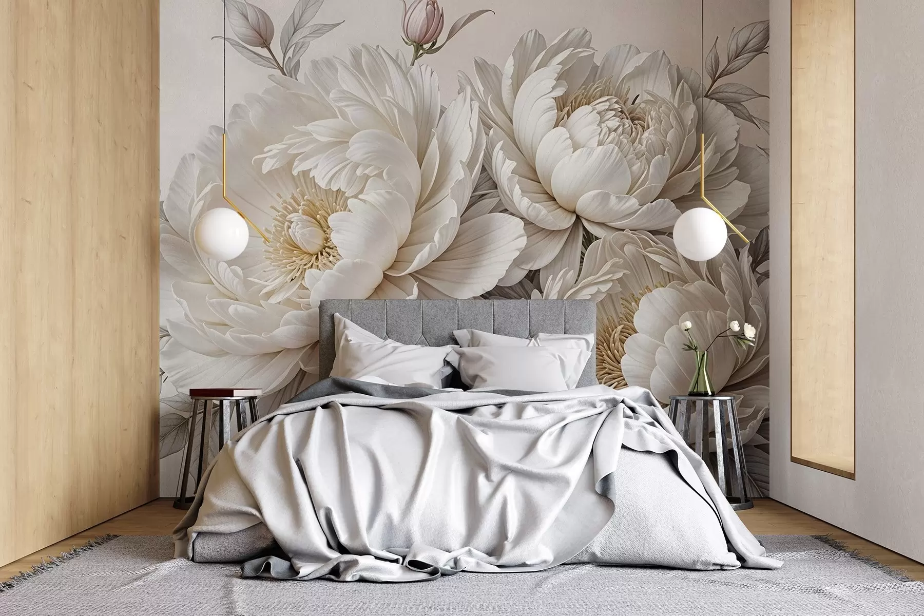 Fototapete Zarte pastellweiße Pfingstrosen mit üppigem Blattwerk vor einem weichen, neutralen Hintergrund w08420