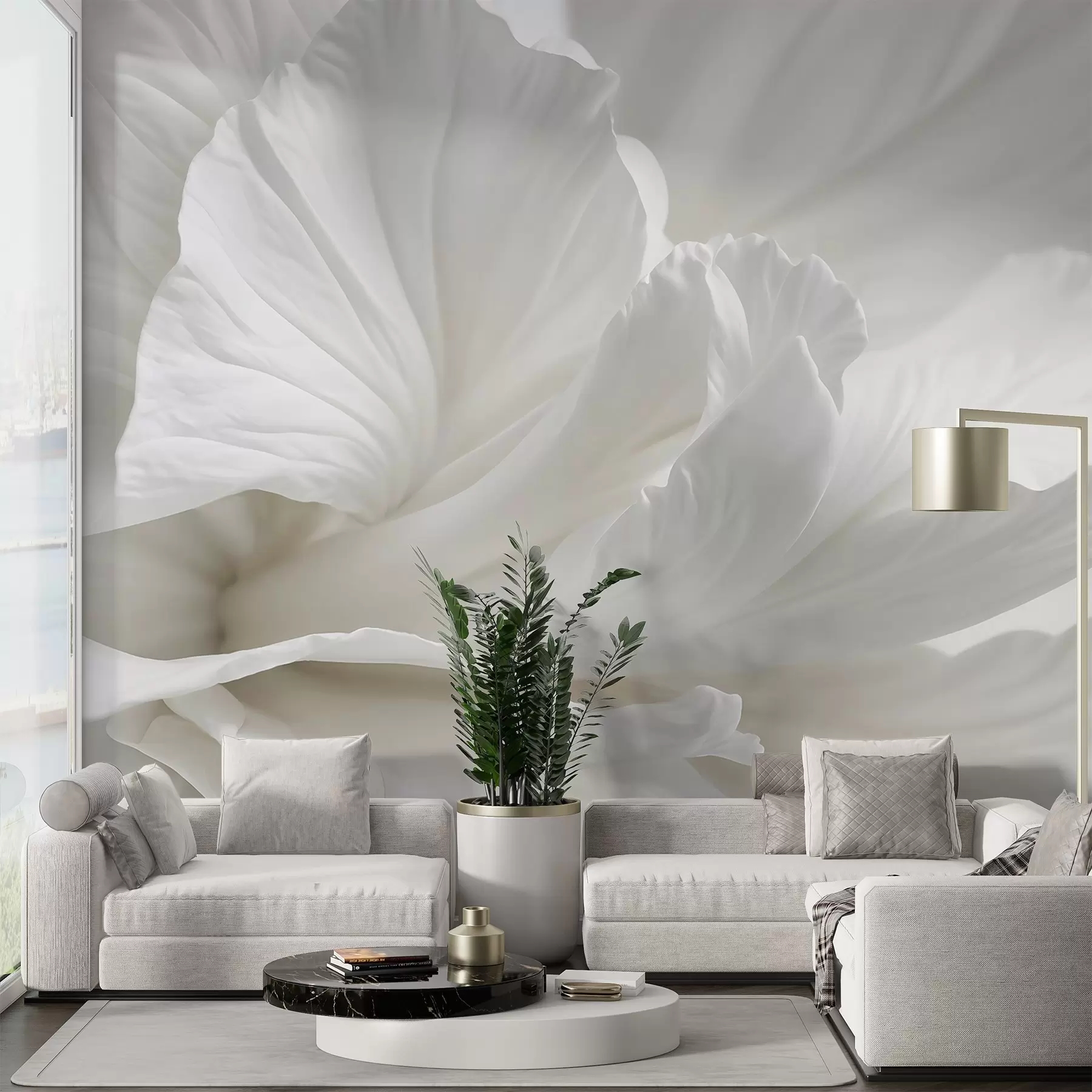 Fototapete Abstrakter minimalistischer Druck einer zarten weißen Blume mit weichen, samtigen Blütenblättern w08424