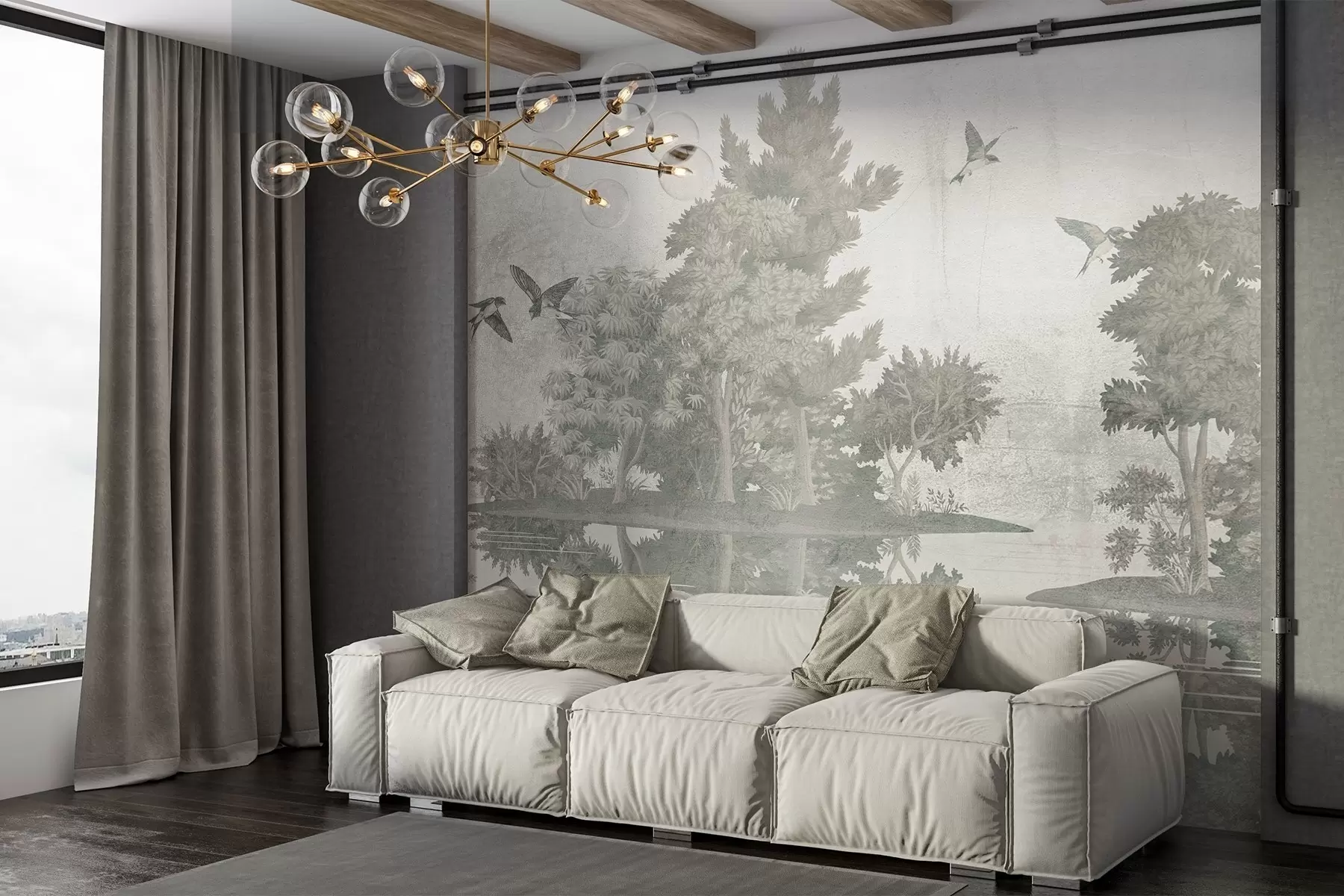 Fototapete Eine Waldlandschaft mit einem See, umgeben von Kiefern und anderem Laub auf einem grünen Hintergrund mit Struktur w08426v1