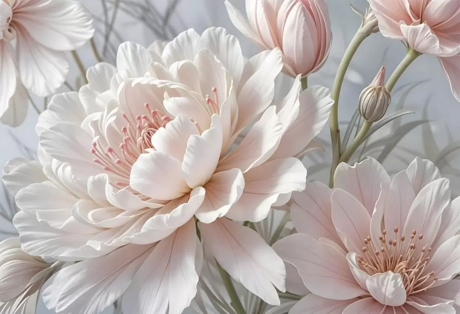 Fototapete Große, zarte weiße und rosa Pfingstrosenblüten mit weichen, flauschigen Blütenblättern vor einem unscharfen grauen Hintergrund w08427