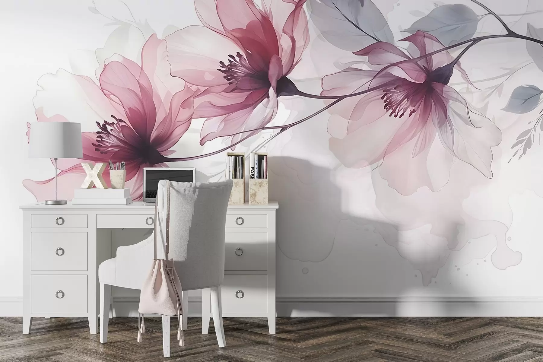 Fototapete Zarte transparente rosa und graue Blumen mit weichen, verschwommenen Blütenblättern auf weißem Hintergrund w08429
