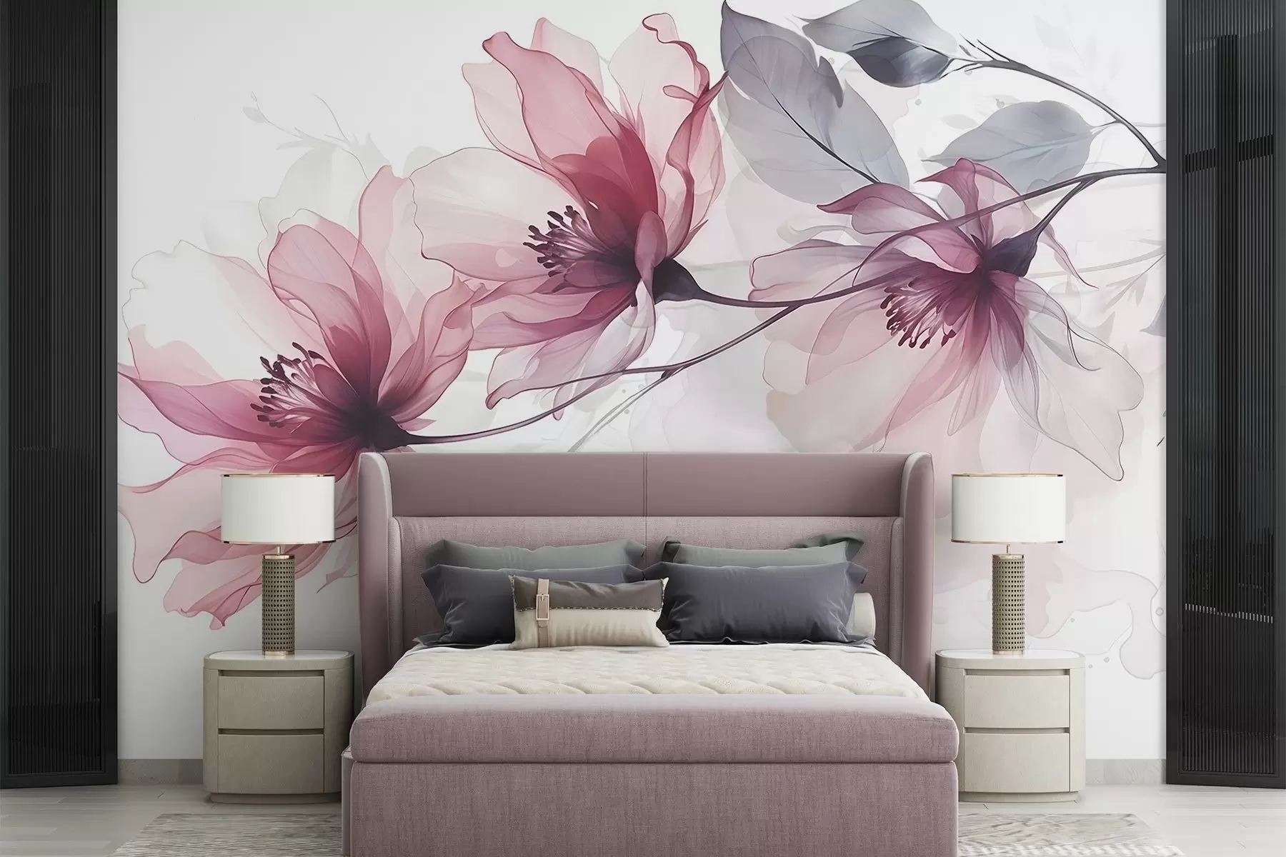 Fototapete Zarte transparente rosa und graue Blumen mit weichen, verschwommenen Blütenblättern auf weißem Hintergrund w08429