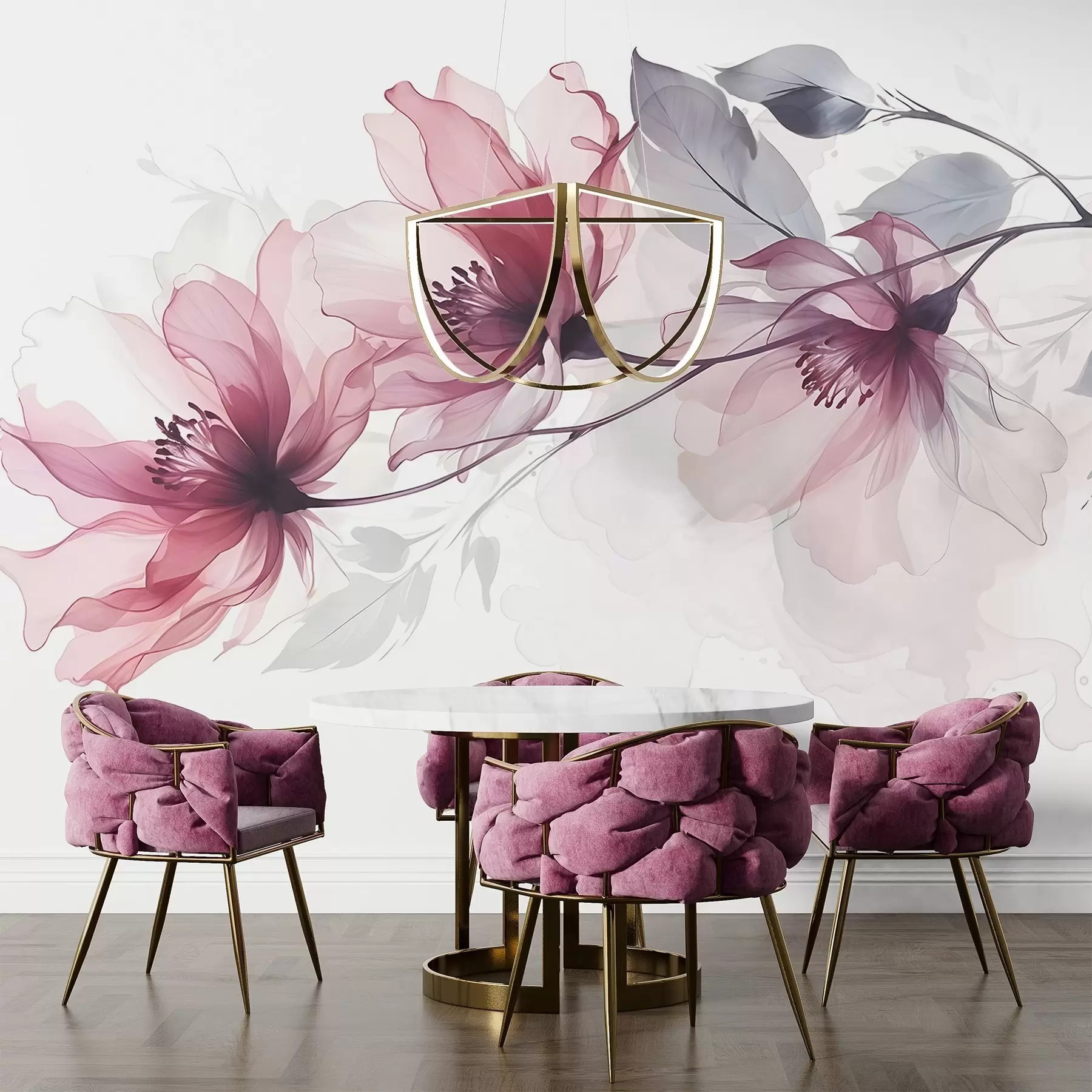 Wandbilder Zarte transparente rosa und graue Blumen mit weichen, verschwommenen Blütenblättern auf weißem Hintergrund w08429