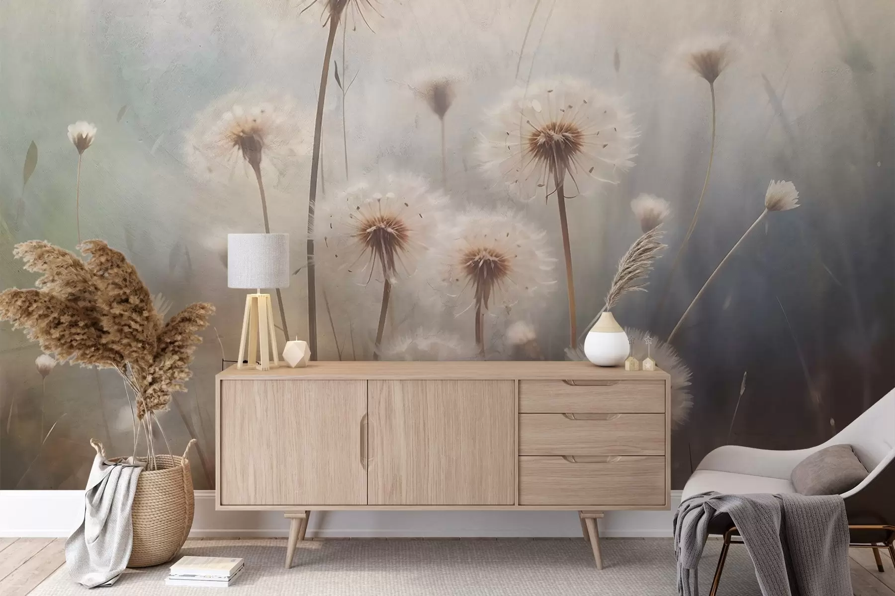 Fototapete Weichzeichner Löwenzahnblüten in einem Feld, mit einem verschwommenen pastellfarbenen strukturierten Hintergrund w08432