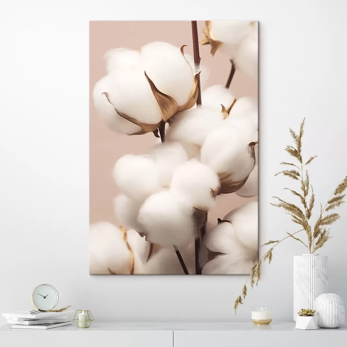 Wandbilder Baumwollblumen auf beigem Hintergrund s41706