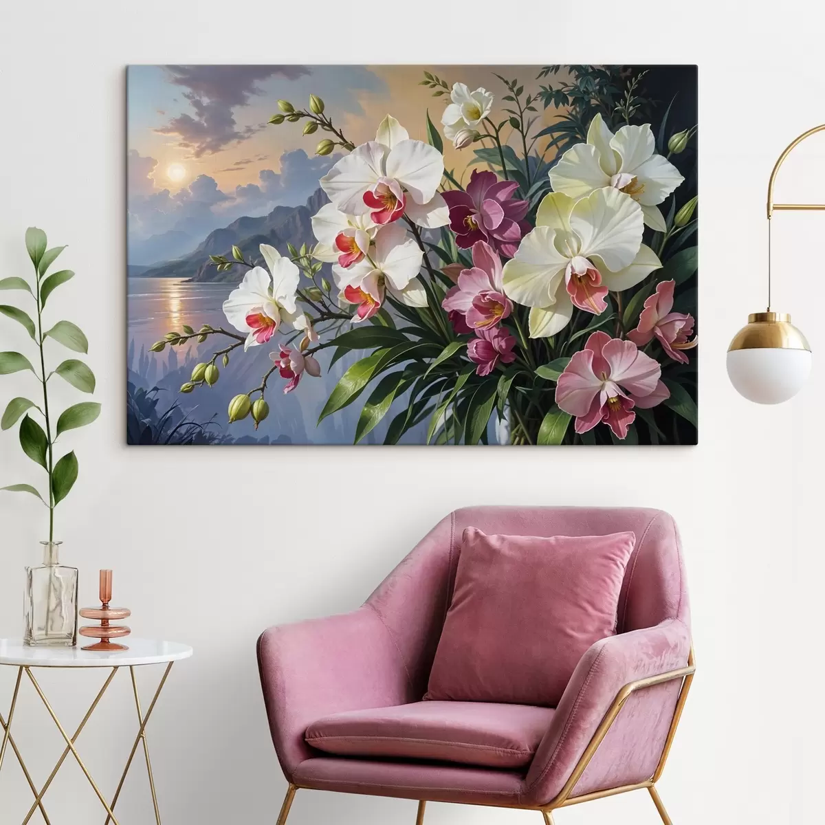 Wandbilder Ein lebendiger Strauß tropischer Blumen mit Orchideen und üppigem grünem Laub vor dem Hintergrund einer Meereslandschaft s41713