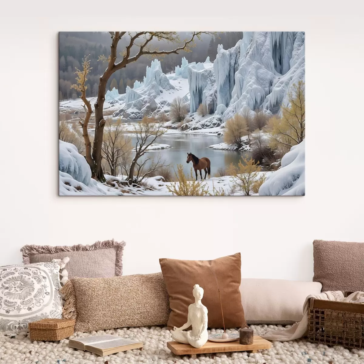 Wandbilder Eine verschneite Winterlandschaft mit einem zugefrorenen See, hoch aufragenden eisigen Klippen und einem im Vordergrund stehenden Pferd s41716