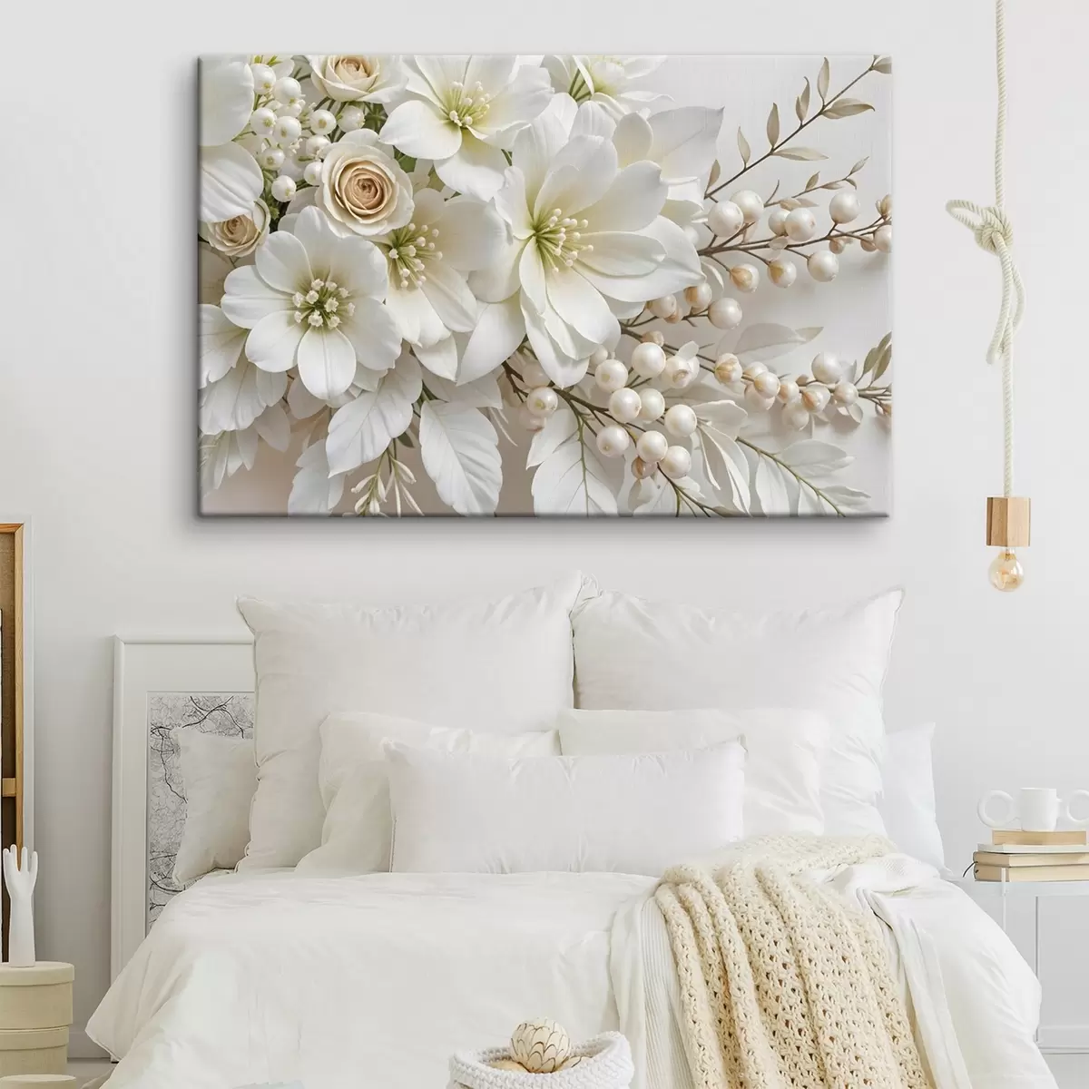 Wandbilder Zarte weiße Blumen, darunter Lilien, Rosen und andere Blüten mit weichen, samtigen Blütenblättern s41722