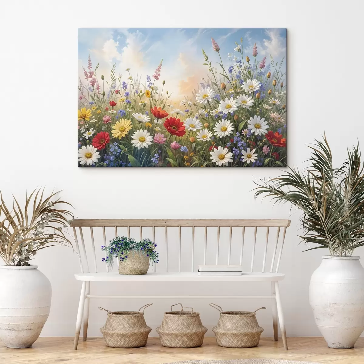 Wandbilder Ein Feld mit farbenfrohen Wildblumen wie Gänseblümchen, Mohnblumen und anderen blühenden Pflanzen vor einem blauen Himmel s41725