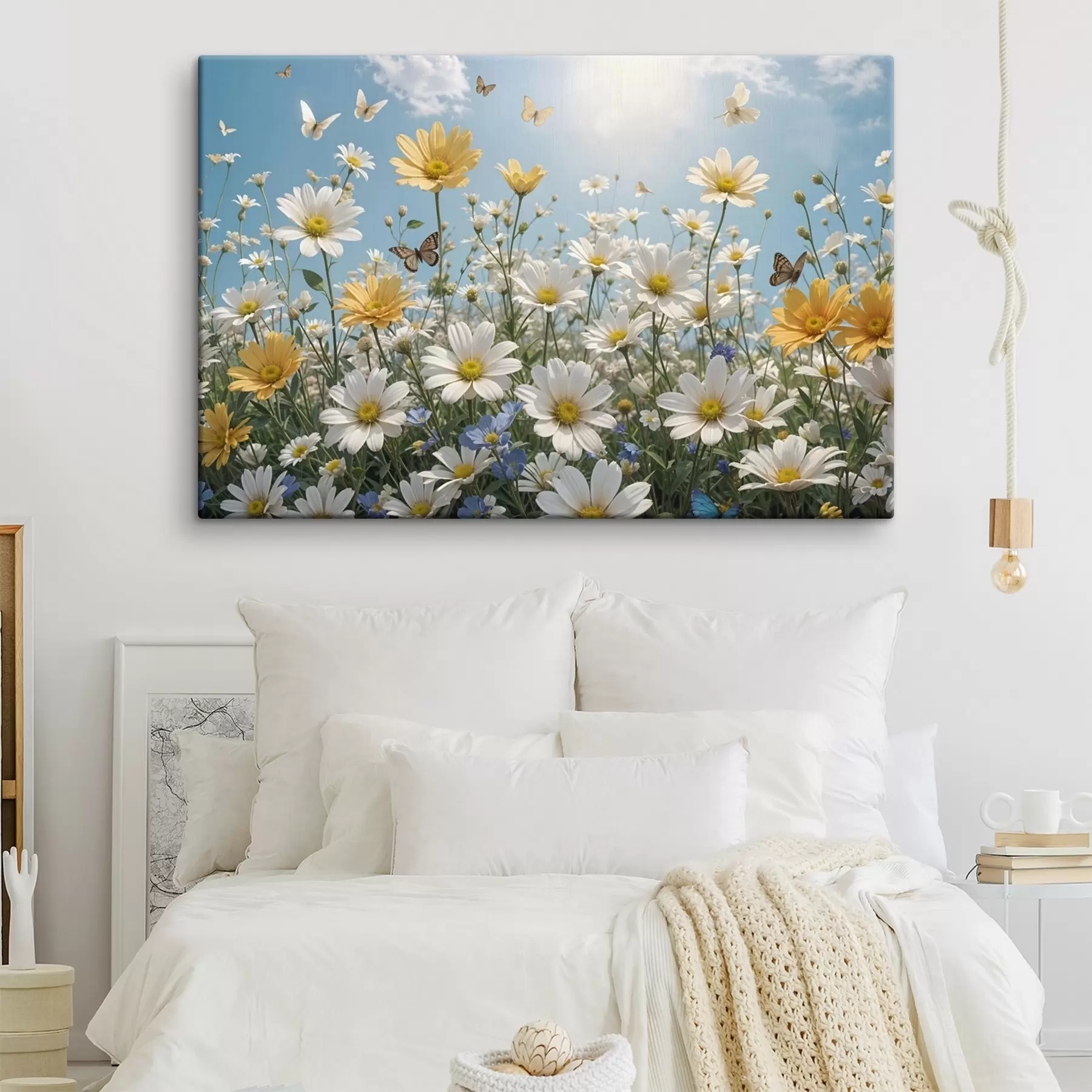 Fototapete Ein Feld mit weißen und gelben Gänseblümchen vor einem blauen Himmel mit flauschigen weißen Wolken und darüber fliegenden Schmetterlingen s41726