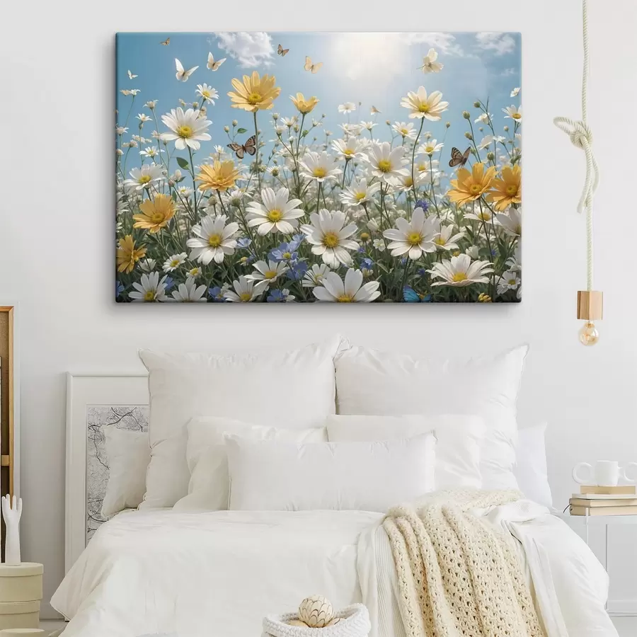 Wandbilder Ein Feld mit weißen und gelben Gänseblümchen vor einem blauen Himmel mit flauschigen weißen Wolken und darüber fliegenden Schmetterlingen s41726